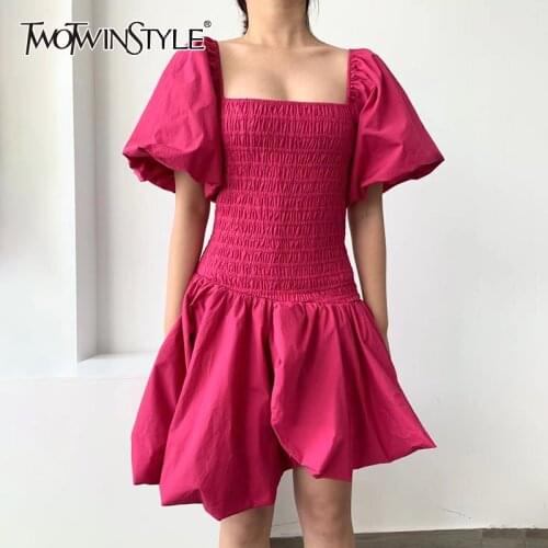 TWOTWINSTYLE Solid Vintage Summer Dress For Women Square Collar Puff Sleeve High Waist Irregular Hem Dresses Female Fashion New