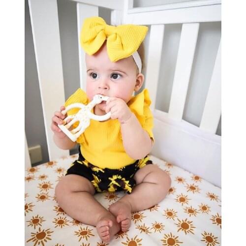 2021 Summer Newborn Baby Girls Clothes Baby Fly Sleeve Romper Sunflower Shorts Headband 3Pcs Outfits Set for 3-18 Months