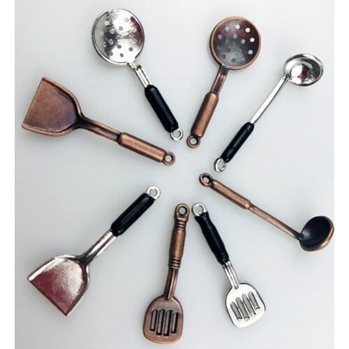 5pcs 1:12 Scale Miniature Metal Kitchenware Bronze Dollhouse Model Cook Set Classic Kitchen Pretend Play Furniture accessories
