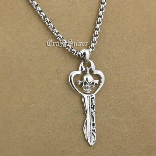 925 Sterling Silver Skull Key Pendant Mens Biker Rocker Punk Pendant 9V014