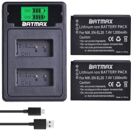 Batmax EN-EL20 EN-EL20A Battery+LCD USB Dual Charger with Type C Port for Nikon Coolpix P1000 Nikon1 J1, J2, J3 Nikon1 AW1