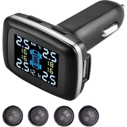 Car TPMS Tire Pressure Monitor Cigarette- Lighter Tire Pressure Alarm System USB Port Tire Pressure Detection System