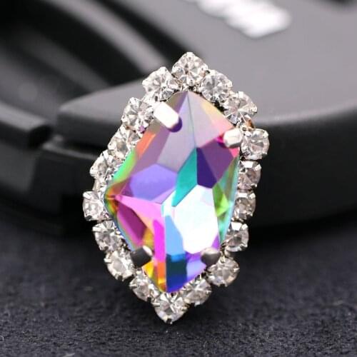 Free shipping K9 Rainbow color glass rhinestones sew on sliver base crystal button with claw diy wedding decoration/clothing
