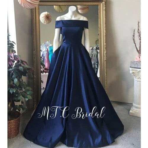 Elegant Navy Blue Long Evening Dress Off The Shoulder A Line With Pockets Floor Length Custom Cheap Prom Gowns 2019 Custom Made