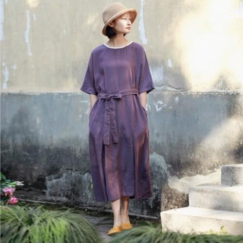 Johnature Cotton Linen Retro Dress Solid Color 2021 Summer New Vintage Women Loose Short Sleeve Loose Sashes Casual Dresses