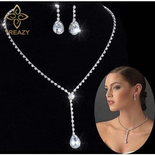 TREAZY Celebrity Inspired Style Crystal Teardrop Long Necklace Earrings Set Silver Color Wedding Bridal Bridesmaid Jewelry Set