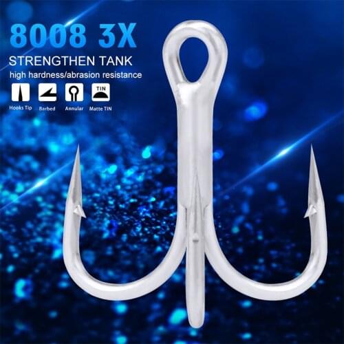 10pcs 1X 3X 4X Saltwater Fishing Hook Matte Tin Treble Hooks 4/0#-3/0#-1/0#-1#-2#-4#-6# High-Carbon Steel Super Strength Hooks