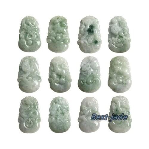 1SET 12 Chinese Zodiac Natural Grade A jadeite Burma jade Green pendant Dragon Ox snake goat rabbit rat dog horse pig necklace