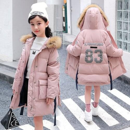 Girl winter long cotton jacket Girl thickening cold warm coat Girl solid color hooded cotton suit Girl warm jacket
