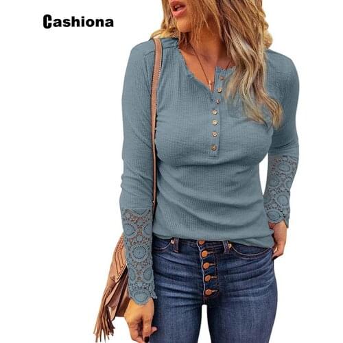 Cashiona 2021 Summer T-shirt Women Patchwork Lace Sleeve Tops Single-Breasted Tees Shirt Female knitting Pullovers Casual Shirts