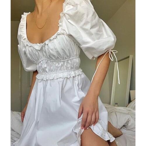 Sweet White Puff Sleeve Ruffles Dress Women Lace Frill Square Collar Flared A-Line Cute Party Elegant Lady High Waist Mini Dress