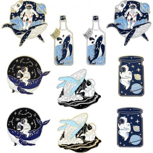 Cartoon Astronaut Whale Planet Drifting Wishing Bottle Brooch Lapel Pin Badge