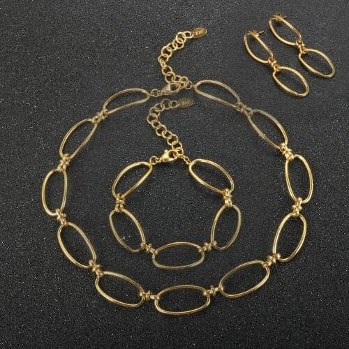 Stainless Steel Retro Chain Link Joint Choker Necklace Gold Plate Bracelet Dangle Earrings For Women Punk Jewelry Set