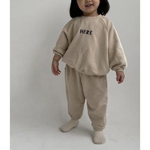 Autumn new Childrens Set Loose Simple Letter Color Matching Casual Cotton Sweater Pants Set