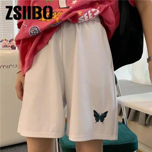 Pants Womens Summer 2021 New Korean Butterfly Embroidered Sports Shorts Loose High Waist Casual Wide Leg Pants womens shorts