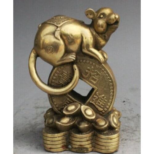 SUIRONG---612+++6 Lucky Chinese FengShui Copper Brass Zodiac Mouse On Wealth Coin YuanBao Statue
