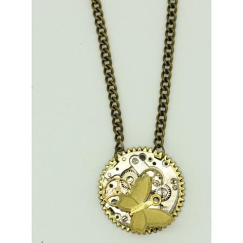 Vintage Handmade Steampunk Butterfly Pendant Necklace Antique Watch Movement Mechanical Cogs Jewelry