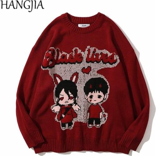 Funny Black Lived Couples Printed Pullover Knitwear Men Oversized Japanese Anime Cartoon Knitted Sweater Women Tops 2021