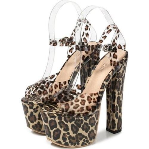 Rome Style Platform 17CM Thick High Heels Fashion Buckle Gladiator Shoes Woman Sandals Leopard PVC Open Toed Party shoes woman
