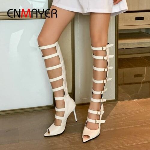 ENMAYER Basic Peep Toe Thin Heels 2020 Summer Women Boots Basic Zip Sexy Knee High Boots Solid Buckle Shoes Woman Size 34-43