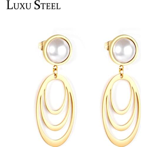 LUXUSTEEL Pendientes Mujer Trendy Style Gold Color Imitation Pearl Fake Earrings Stainless Steel Multilayer Oval Drop Earrings