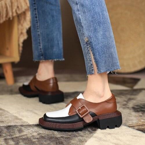 Spring women casual shoes comfortable square toe lace-up color matching flat leather Genuine women shoes black white girls shoes