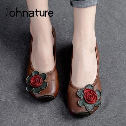 Johnature Genuine Leather Flats Women Shoes Round Toe Floral 2021 New Spring/Autumn Handmade Shallow Concise Retro Ladies Shoes