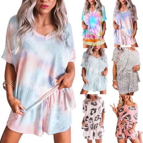 2pcs Women Shorts Set Tie Die Loose Outfits Casual Short Sleeve T-shirt Top Loose Shorts Two piece Set Women Tracksuits Homewear