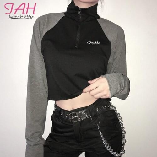 Iamhotty Long SleevePatchworkZipper Moletom Feminino Inverno O-neck ShortCasual Pullovers OversizeD HoodiePlain Basic Sweatshirt
