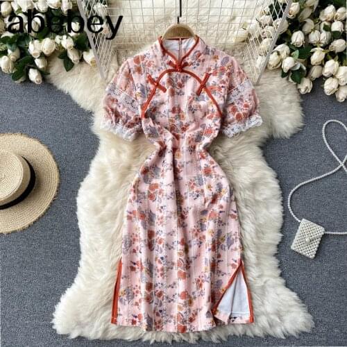 Women Design Print Dress Korean Fashion Puff Sleeve Slim Party Dress Summer Chic Streetwear Split Short Dress