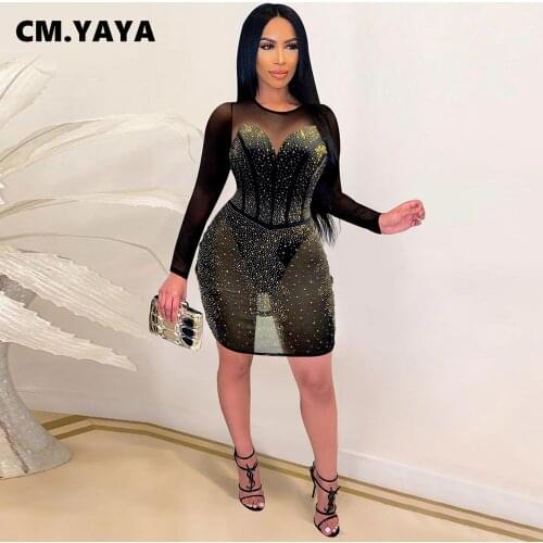 CM.YAYA Women Sexy Dress Sequins Mesh See-through Mini Dresses with Paties Fashion Night Clubwear Party Vestidos Autumn Outfits