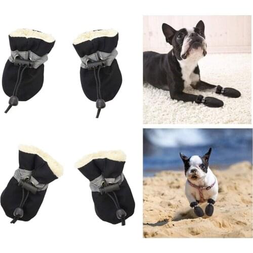 Winter Pet Shoes Anti-slip Cotton Soft Leather Cashmere Waterproof Warm Booties Boots Belt Decoration Dog Winter Shoes