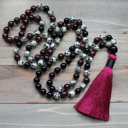 108 Prayer Beads Mala Necklace Dalmatian J-asper Garnet Stone Knotted Necklace Buddhist Prayer Necklace Tassel Jewelry For Men