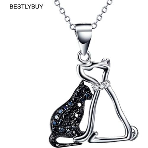BESTLYBUY Genuine 925 Sterling Silver Necklace Black Cubic Zirconia Cat and Dog Pendant Necklace Valentines Gift For Women