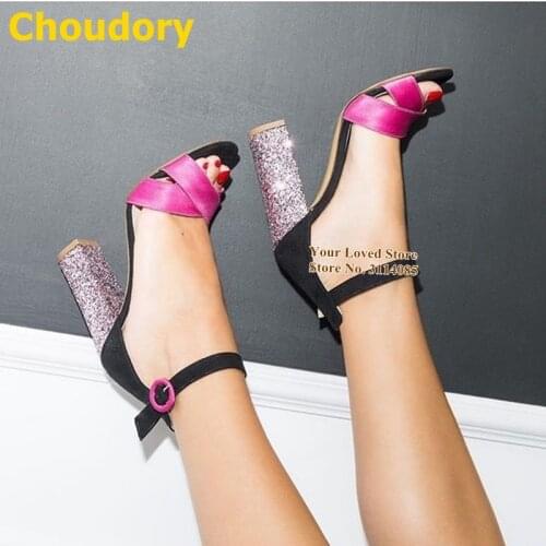 Choudory Purple Bling Bling Sequined Chunky Heels Fuchsia Black Colorized Buckle Strap Sandals Women Size47 Plus Size Shoes