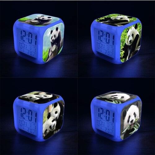 Panda Cartoon Alarm Clock Glow In Dark 7 Colors Changing Night Light Led Alarm Clock Student Desk Clock with Thermometer