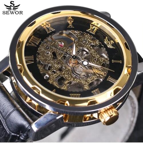 SEWOR Transparent Gold Watch Men Watches Top Brand Luxury Male Clock Men Casual Watch Montre Homme Mechanical Skeleton Watch New