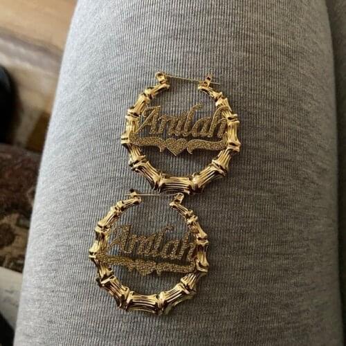 Colorful Custom Bamboo Name Earrings Glitter Color Sticker Bamboo Hoop Earrings Stainless Steel Earrings for Women Gifts