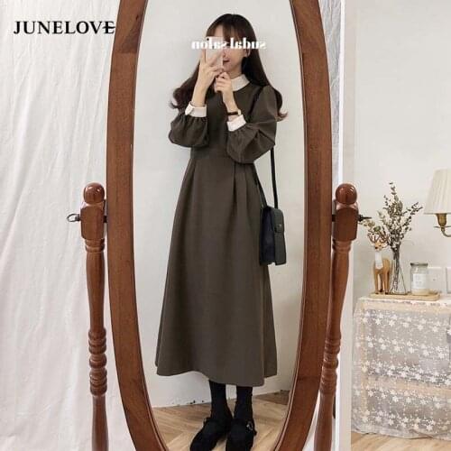 JuneLove 2021 Autumn Patchwork Vintage Sweet Female Vestidos Women High Waisted Long Dress Peter Pan Collar A-Line Maxi Dresses