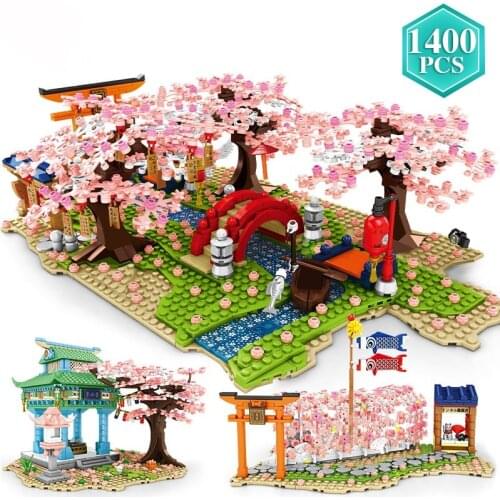 Japanese Style Street Scene Cherry Blossom Sakura River Building Blocks Bricks Spring Pavilion Model Toys For Kids Gifts