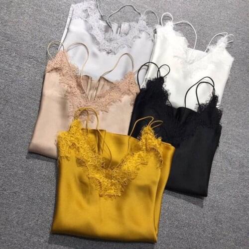 100% Brand Fashion Women High Luxury Summer New Elegant Slim Lace Stitch Silk Camis Tank Top