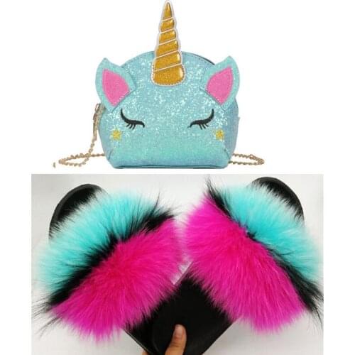 Womens Fur Slides Cute Cartoon Unicorn Jelly Bags Sets Woman Fluffy Real Fox Fur Slippers Lovely Mini Coin Purse Furry Sandals