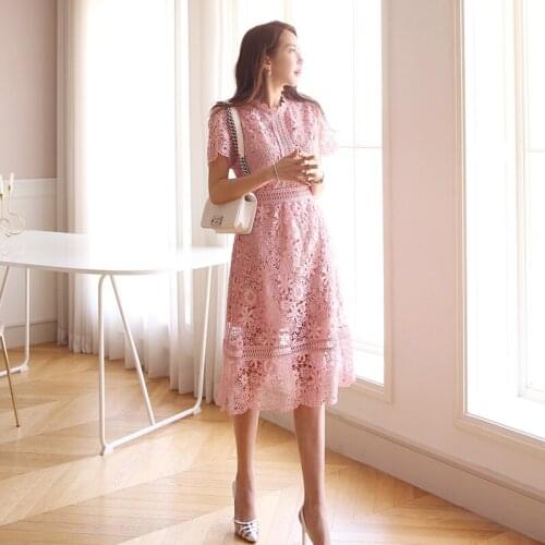 Fashion women new arrival sexy temperamental formal dress vintage party elegant pink lace hollow out beach pretty a-line dress