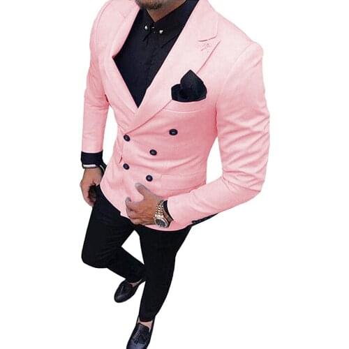 2 Pieces Mens Suits Slim Fit Business Double-breasted Suits Groom Tweed Wool Pink Tuxedos for Evening Wedding (Blazer+Pants)
