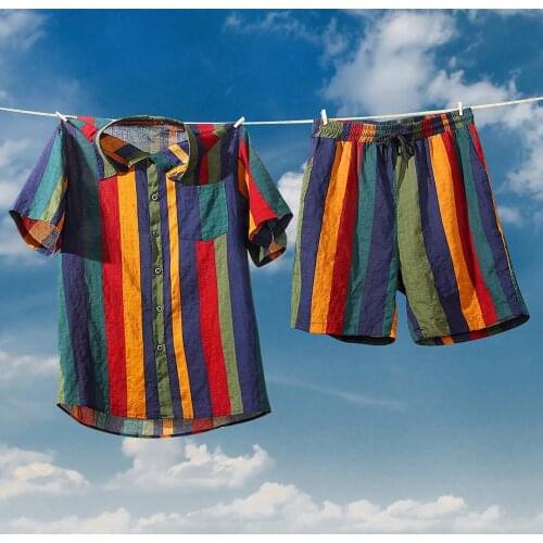 Mens Hawaiian Color Striped Short Sleeve Suit Mens Southeast Asian Beach Color Striped Short Sleeve Shorts Set Two-piece Suit
