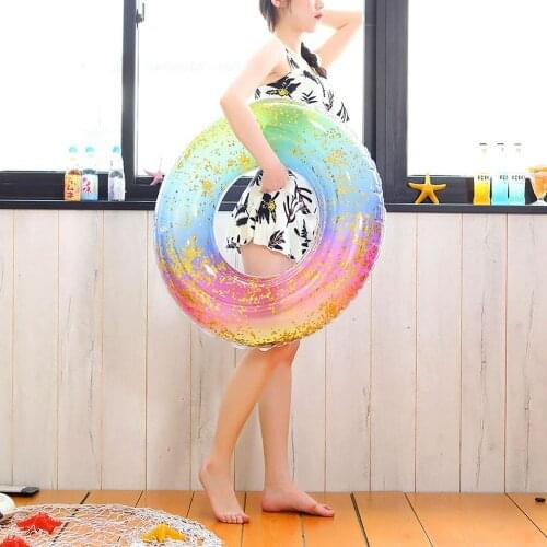 Inflatable Swimming Ring Gradient Color Sequins Pool Float for Adults Thickened PVC Swimming Rubber Ring Swim Toys Water Seat