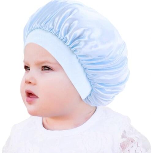 New Kids Faux Silk Bonnet Cap Girls Wide Elastic Band Solid Color Night Sleep Hat Wrap Pleated High Quality Hair Soft Sleep Cap