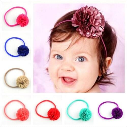 MengNa 50pcs/lot Newborn Girls Pom Pom Flower Druckfrisch Chiffon Ball Flower Headbands Chiffon Flower With Nylon Headband