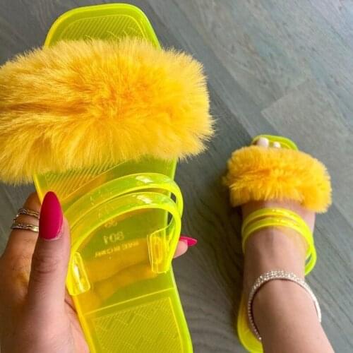 Yellow Kawaii Furry Slippers Women Summer Transparent Jelly Slides PVC Open Toe Outdoor Casual Sandals Cute Ladies Flip Flops