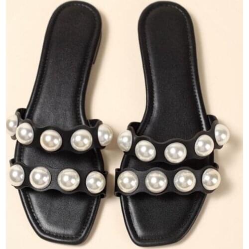 Summer Fashion Pearl Slippers Womens Outside Flat Shoes Woman Beach Sandals Outdoor Slides Female Flip-Flops Ladies Sliders 42